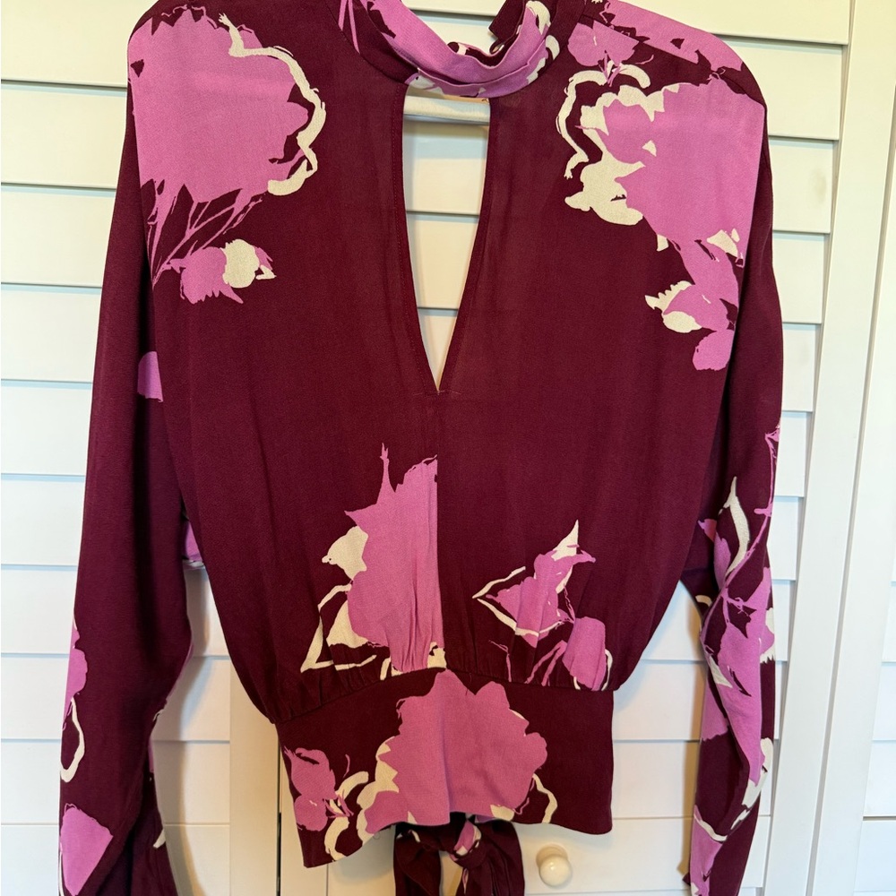 Free People Red and Pink Wrap Blouse with Mandarin Collar